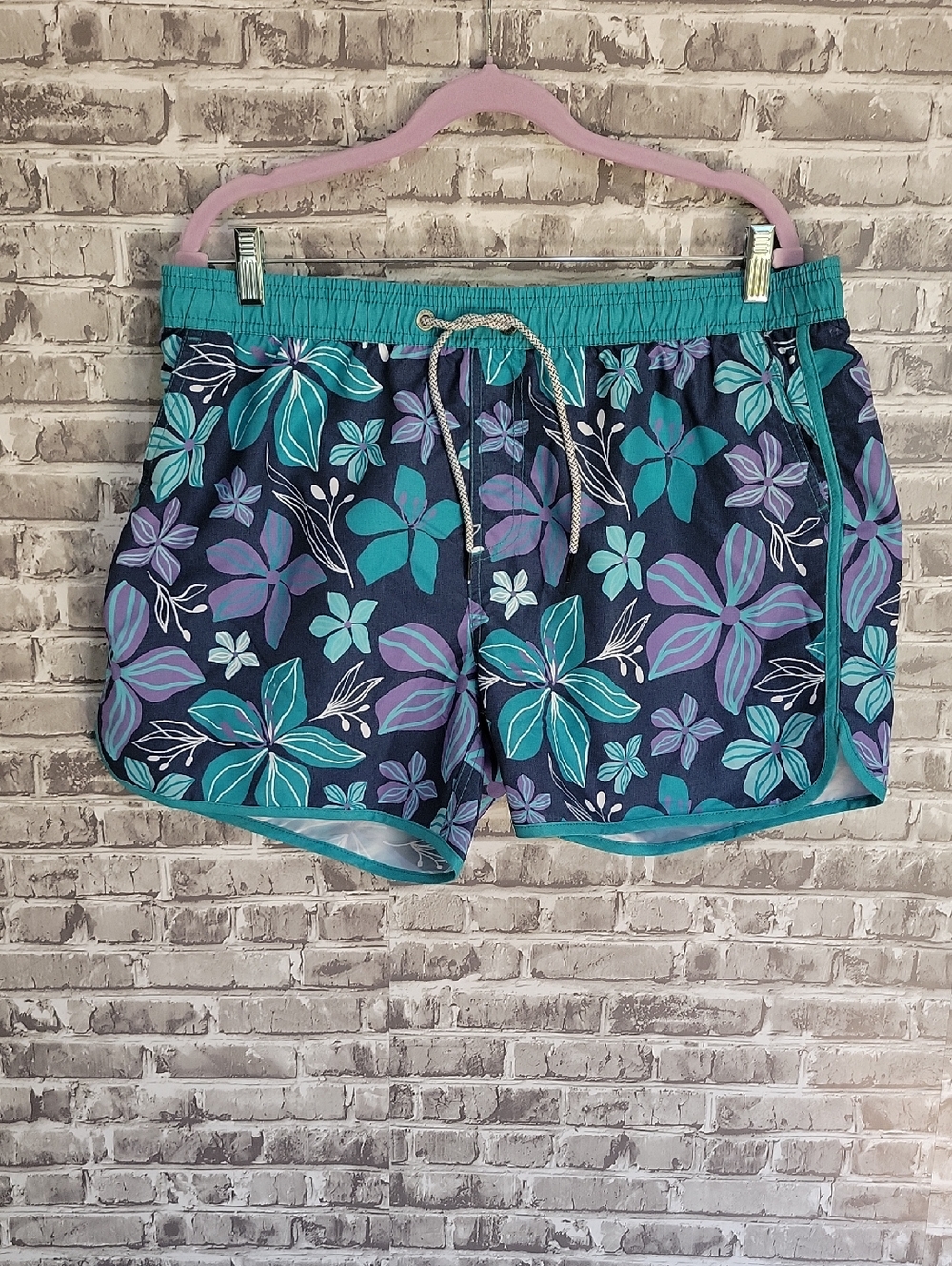 Men's Floral Teal & Navy Swim Trunks Size L, Surfercore, Beach, Resortwear